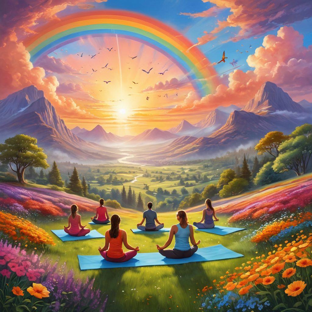 A serene landscape featuring a vibrant sunrise over a peaceful valley, symbolizing joy and resilience. In the foreground, a diverse group of people engaging in uplifting activities like yoga, laughter, and connecting with nature. They're surrounded by blooming flowers and symbols of positivity like butterflies and rainbows. The sky is painted with warm, inviting colors to evoke a sense of bliss. super-realistic. vibrant colors. peaceful atmosphere.