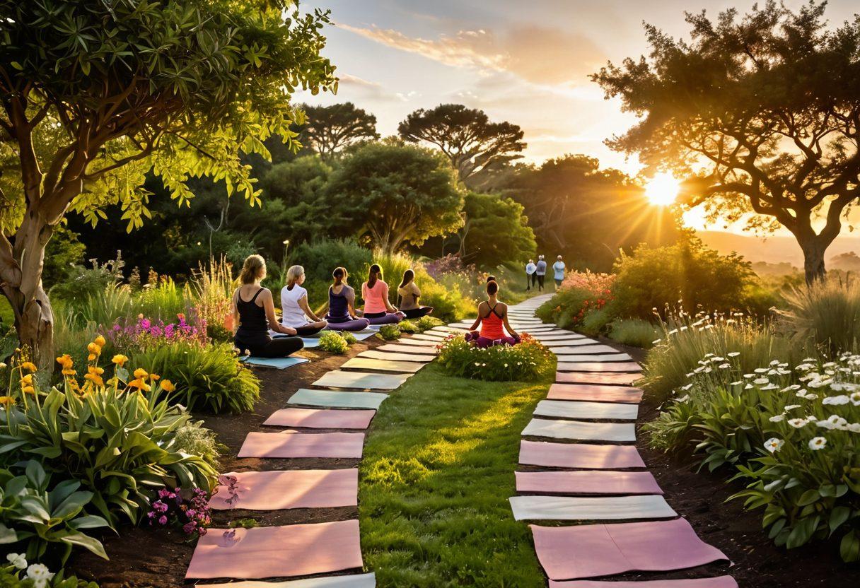 A winding path through a lush, vibrant landscape, symbolizing the journey of resilience. In the foreground, a diverse group of people of various ages practicing yoga and meditation on the path, showcasing persistence and inner strength. The sun sets in the background, casting a warm golden glow, representing hope and renewal. Flourishing plants and blooming flowers line the path, illustrating growth and transformation. soft-focus, vibrant colors, 3D.