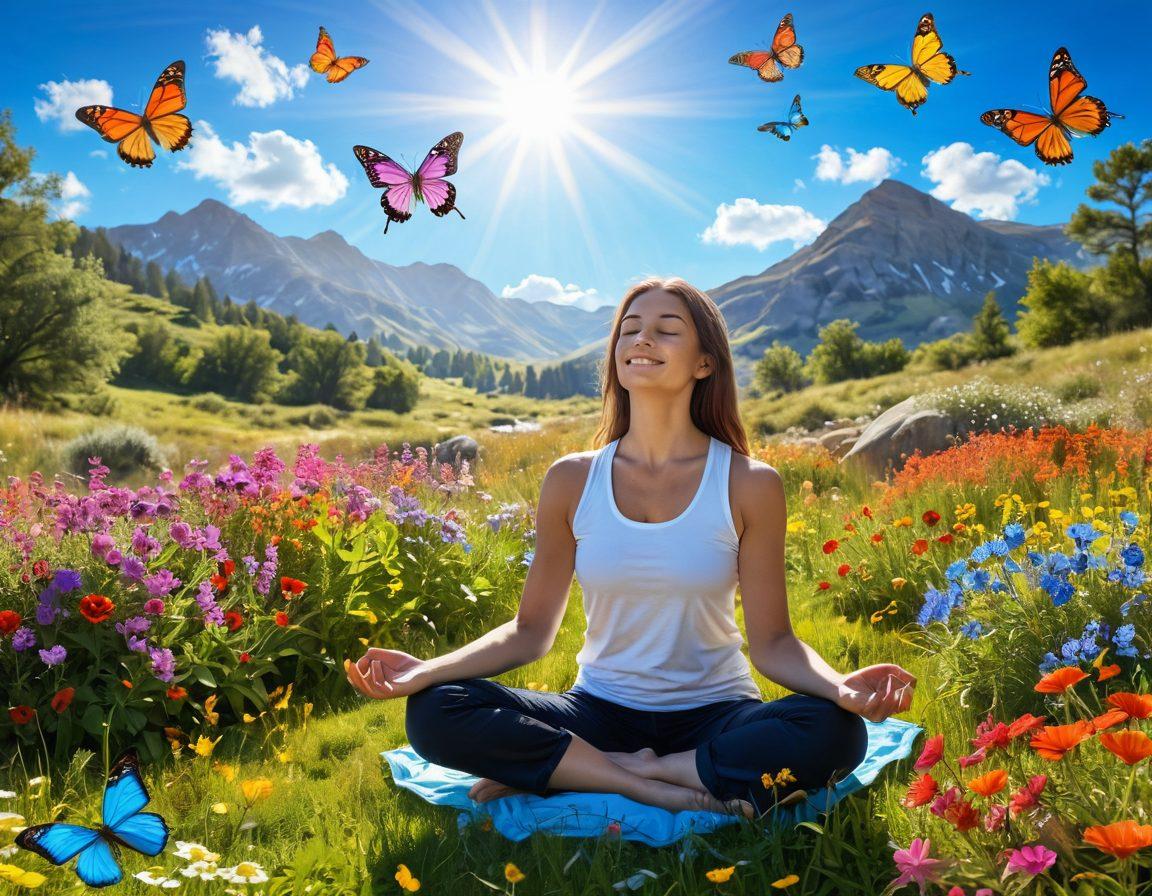 A joyful person meditating in a sunny meadow filled with vibrant wildflowers, surrounded by colorful butterflies and a gentle stream reflecting a clear blue sky. The scene conveys warmth, positivity, and tranquility, with rays of sunlight highlighting the person's happy expression. super-realistic. vibrant colors. nature background.